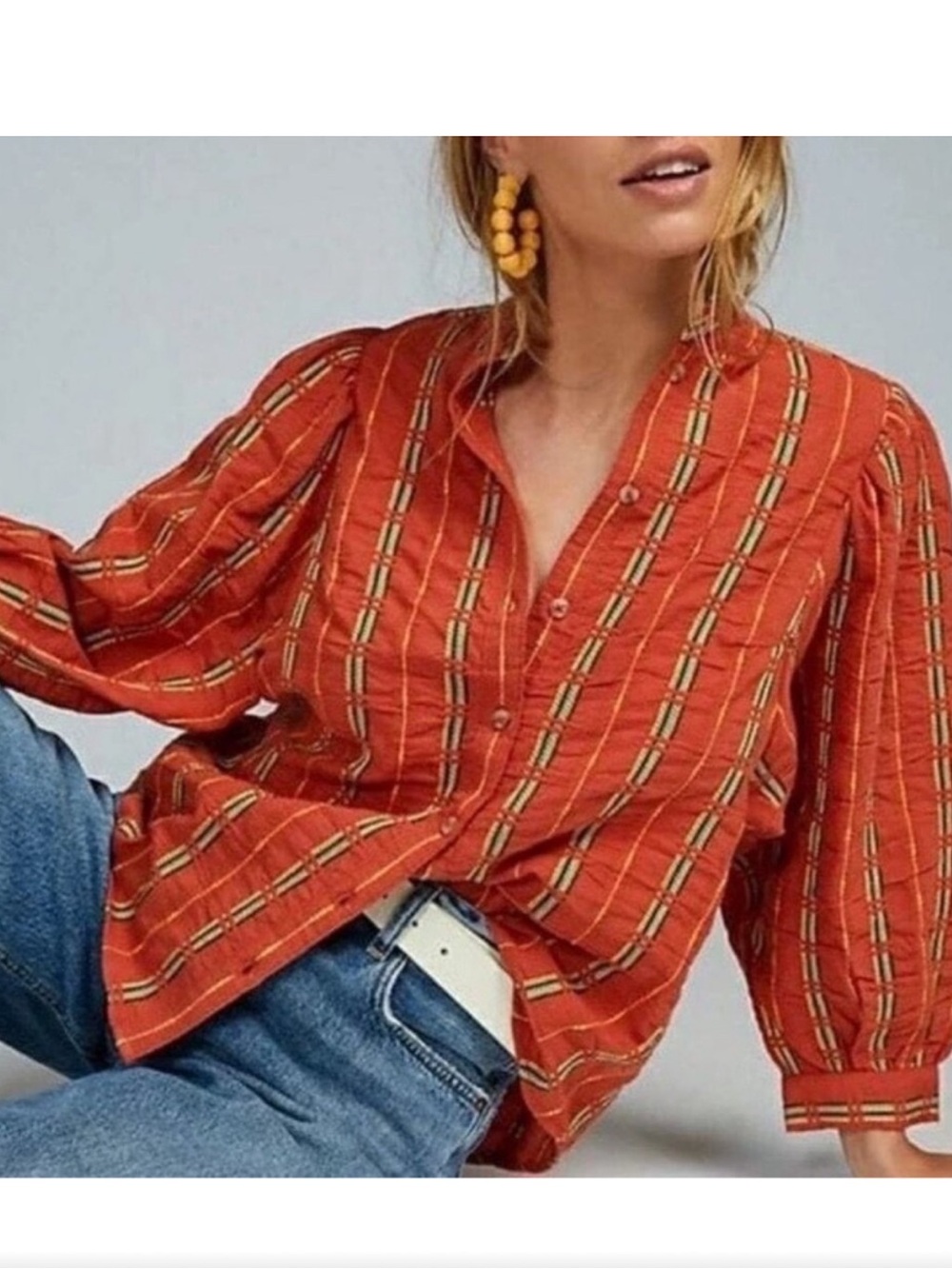 Pilcro Anthropologie Rust Orange Plaid Puff Sleeve Button Blouse Sz S
